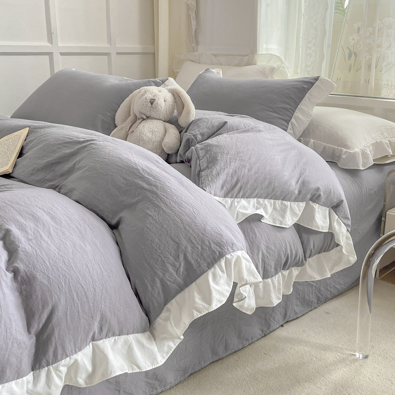 White Four-piece Bed sheet Set, Water-washed Cotton