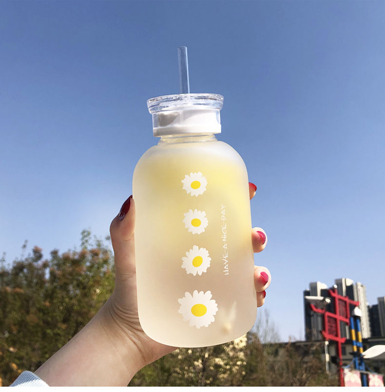 Glass Water Bottle with Straw Creative Daisy Frosted Transparent Cup Leakproof Portable Drinking Bottle with a Sealing Cap Lid