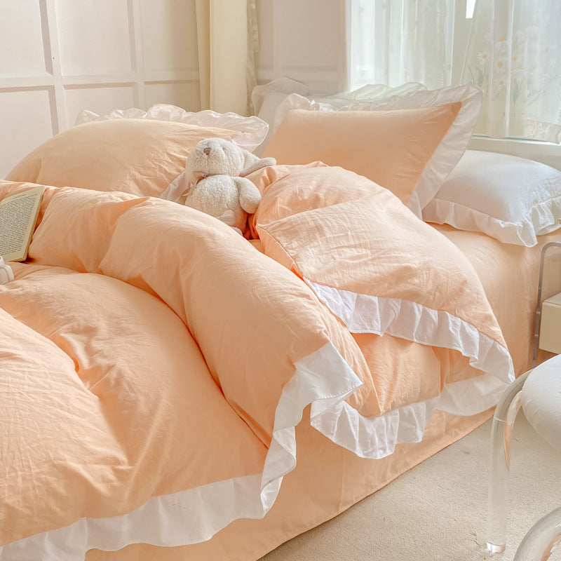 White Four-piece Bed sheet Set, Water-washed Cotton