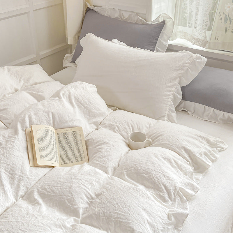 White Four-piece Bed sheet Set, Water-washed Cotton