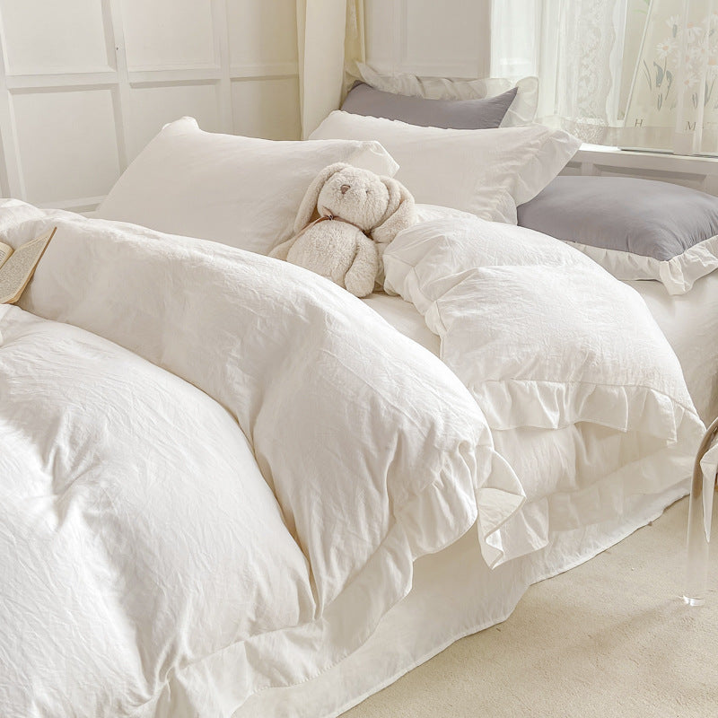 White Four-piece Bed sheet Set, Water-washed Cotton