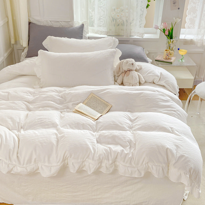 White Four-piece Bed sheet Set, Water-washed Cotton