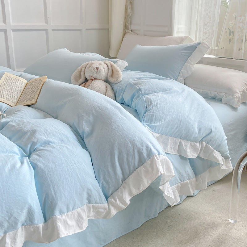 White Four-piece Bed sheet Set, Water-washed Cotton