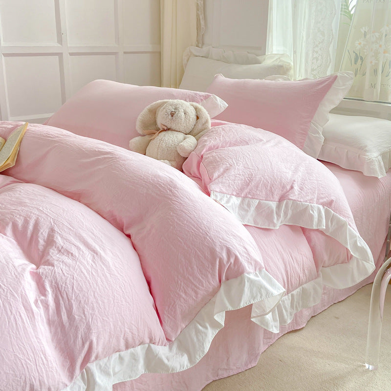 White Four-piece Bed sheet Set, Water-washed Cotton